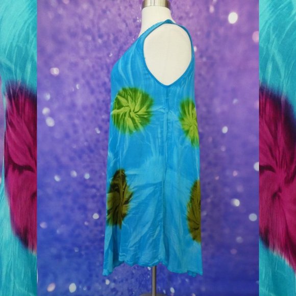 Turquoise Tie Dye V Neck Indian Dress Free Size - Picture 4 of 7